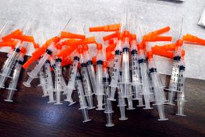 Syringes containing vaccine stand at the ready for members of the public to get the vaccine administered to them in the Sullivan County.