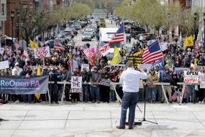 State Rep. Aaron Bernstine was one of at least four Pennsylvania lawmakers to participate in a rally to reopen the state at the Capitol on Monday.