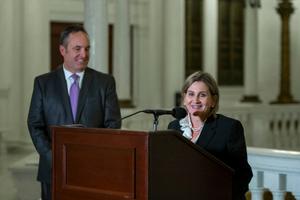 Sen. Kim Ward, a Republican, is the first woman to become majority leader in the General Assembly’s 338-year history, replacing Centre County’s Jake Corman (left).