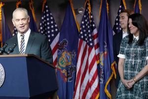 In January, House Speaker Mike Turzai, left, stood with his wife Lydia, right, and one of his sons, Matt, center, as he announced at a news conference he would not run for another term.